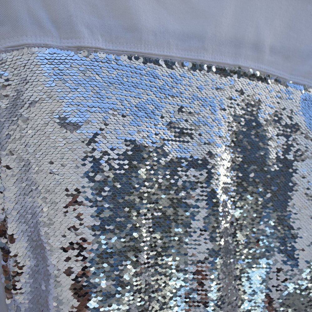 Htrailz White Denim Jacket with Silver Sequin Back – Size M